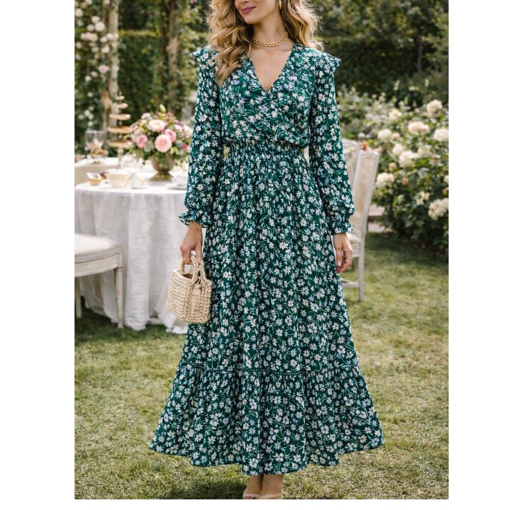 MISA Los Angeles Floral Ruffle Open Sleeve Tiered Maxi Dress green size medium M